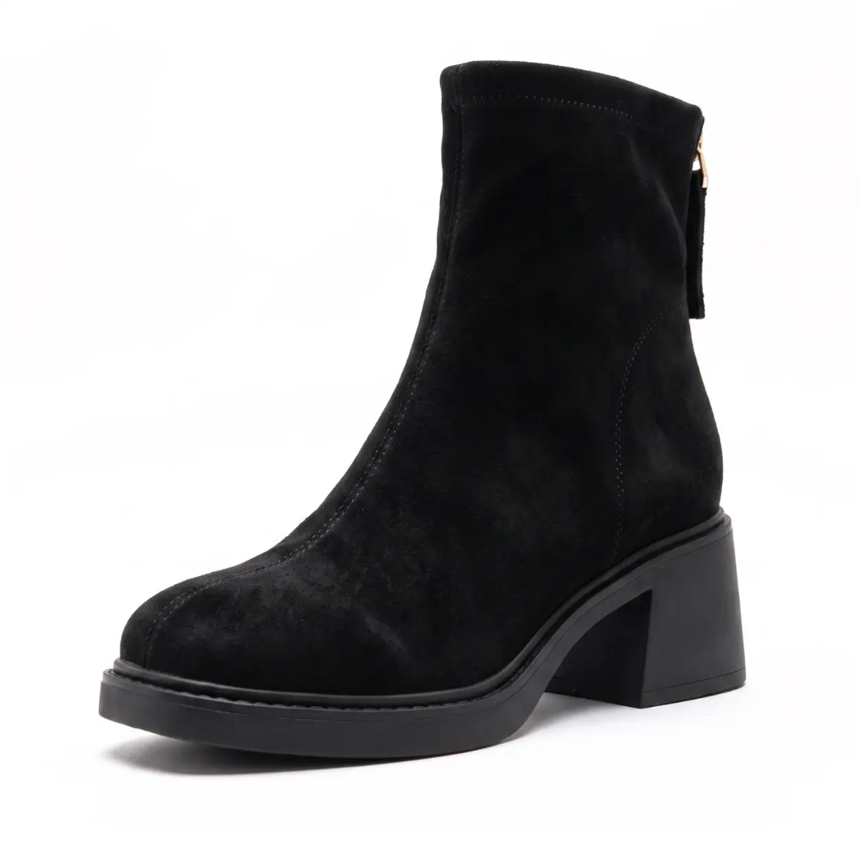 Mirea 8cm height inceasing suede booties for women, black - Lucimora