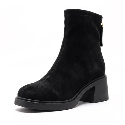 Mirea 8cm height inceasing suede booties for women, black - Lucimora