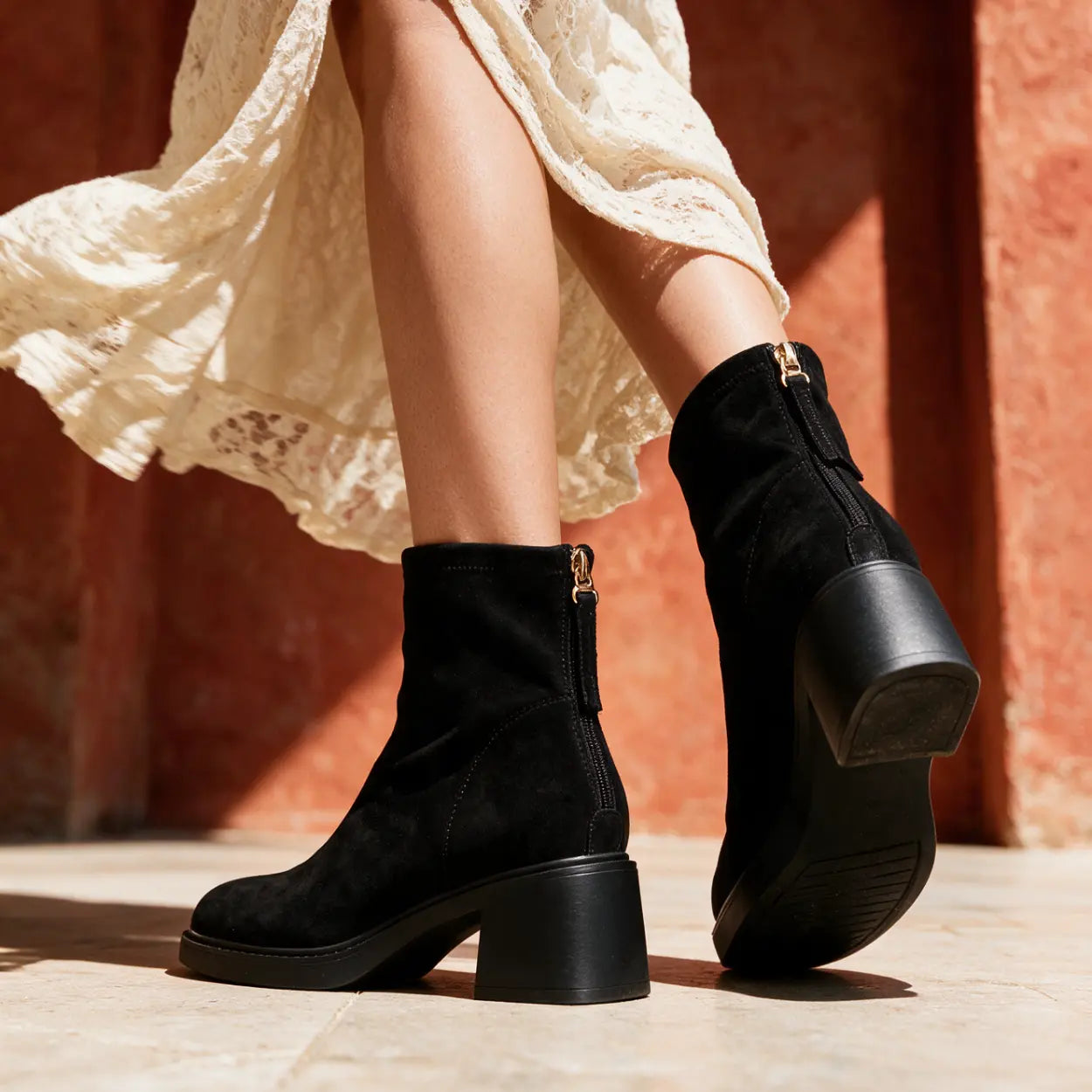 Mirea 8cm height inceasing suede booties for women, black - Lucimora
