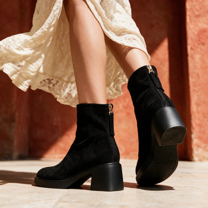Mirea 8cm height inceasing suede booties for women, black - Lucimora
