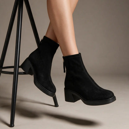 Mirea 8cm height inceasing suede booties for women, black - Lucimora