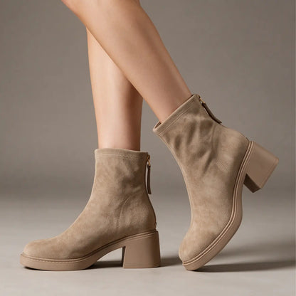 Mirea 8cm height inceasing suede booties for women, beige - Lucimora