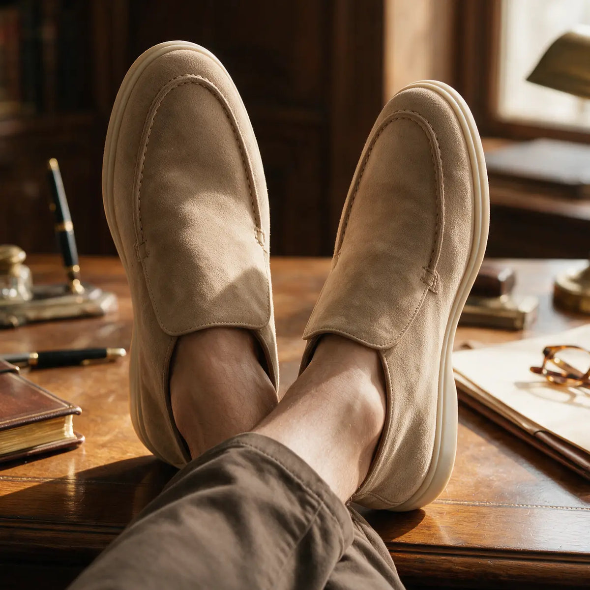 Montalvo Men’s 4.5cm Elevator Loafer Boots | Moc Toe Slip-On Suede Leather Height Increasing Shoes | Lucimora - beige