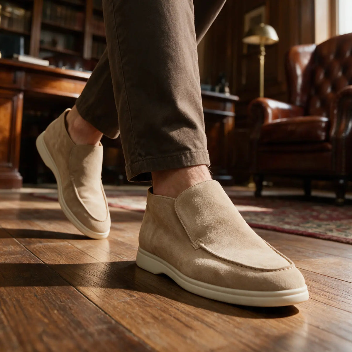 Montalvo Men’s 4.5cm Elevator Loafer Boots | Moc Toe Slip-On Suede Leather Height Increasing Shoes | Lucimora - beige