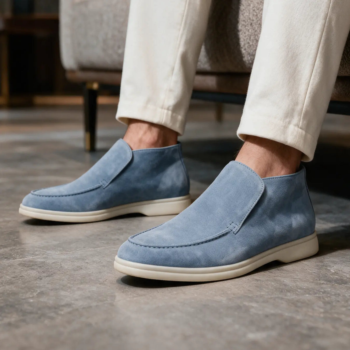 Montalvo Men’s 4.5cm Elevator Loafer Boots | Moc Toe Slip-On Suede Leather Height Increasing Shoes | Lucimora - light blue