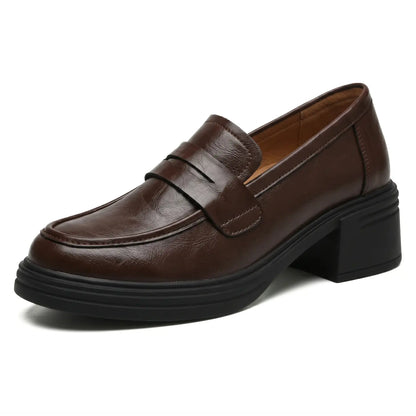 Norelle Women’s Elevator Shoes | 8cm Lift | Leather Penny Loafers with Block Heel | Lucimora - brown