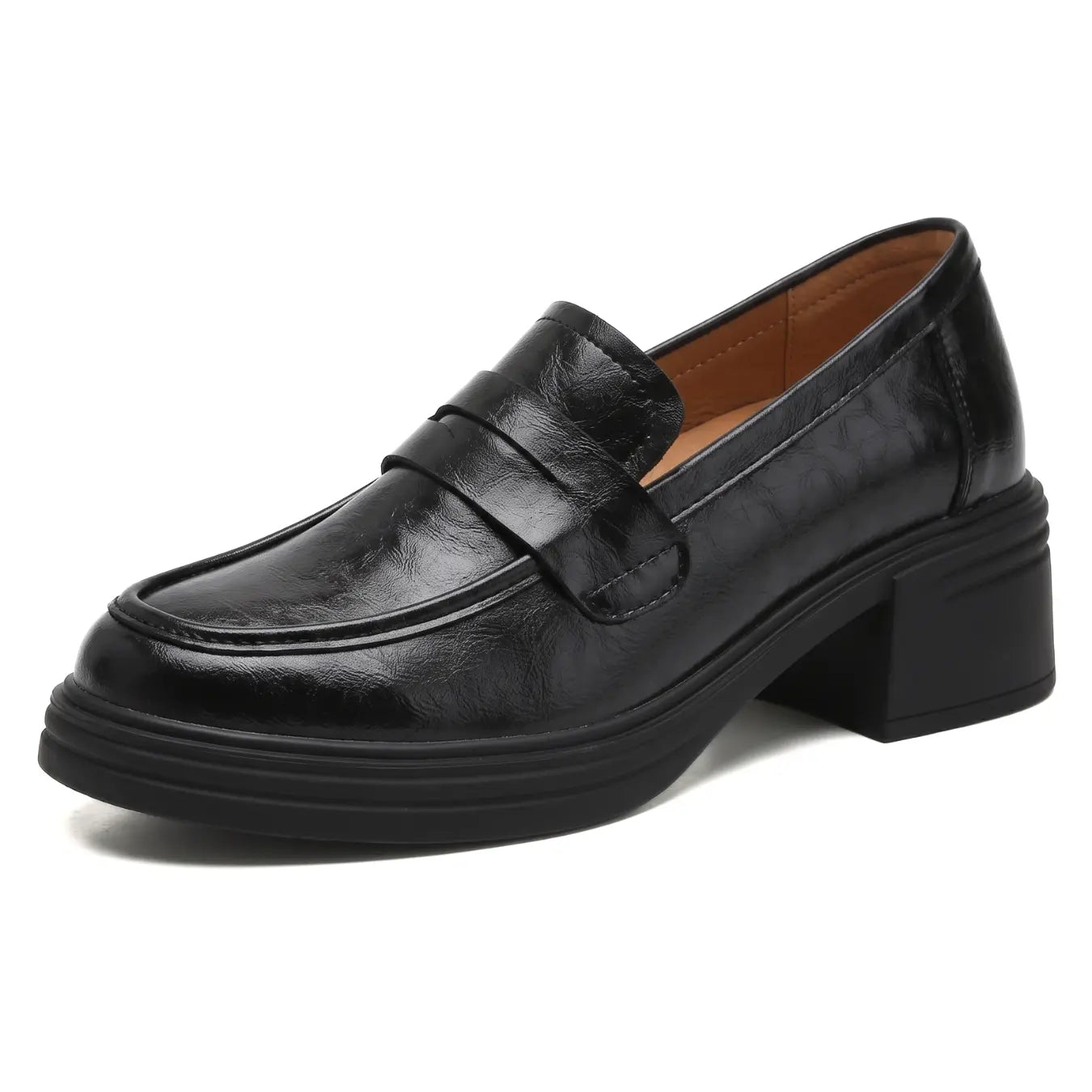 Norelle Women’s Elevator Shoes | 8cm Lift | Leather Penny Loafers with Block Heel | Lucimora - black