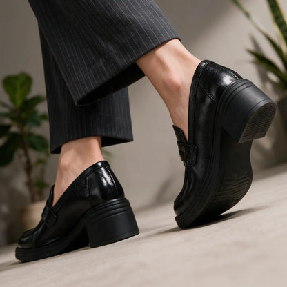 Norelle Women’s Elevator Shoes | 8cm Lift | Leather Penny Loafers with Block Heel | Lucimora - black