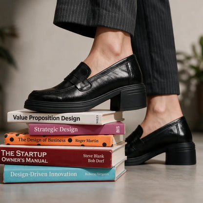 Norelle Women’s Elevator Shoes | 8cm Lift | Leather Penny Loafers with Block Heel | Lucimora - black