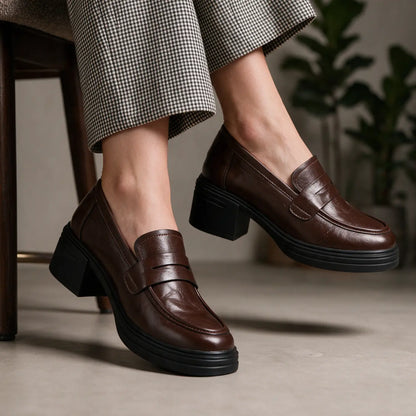 Norelle Women’s Elevator Shoes | 8cm Lift | Leather Penny Loafers with Block Heel | Lucimora - brown
