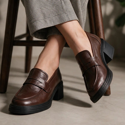 Norelle Women’s Elevator Shoes | 8cm Lift | Leather Penny Loafers with Block Heel | Lucimora - brown