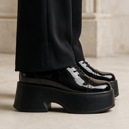Nyssa Women's Chunky Platform Oxfords | 11cm Hidden Heel Height Increasing Patent Shoes | Lucimora