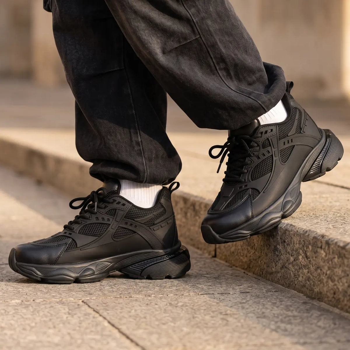 Men's Height Increasing Running Black Sneakers | Obsidian Elevator Mesh Shoes | Lucimora