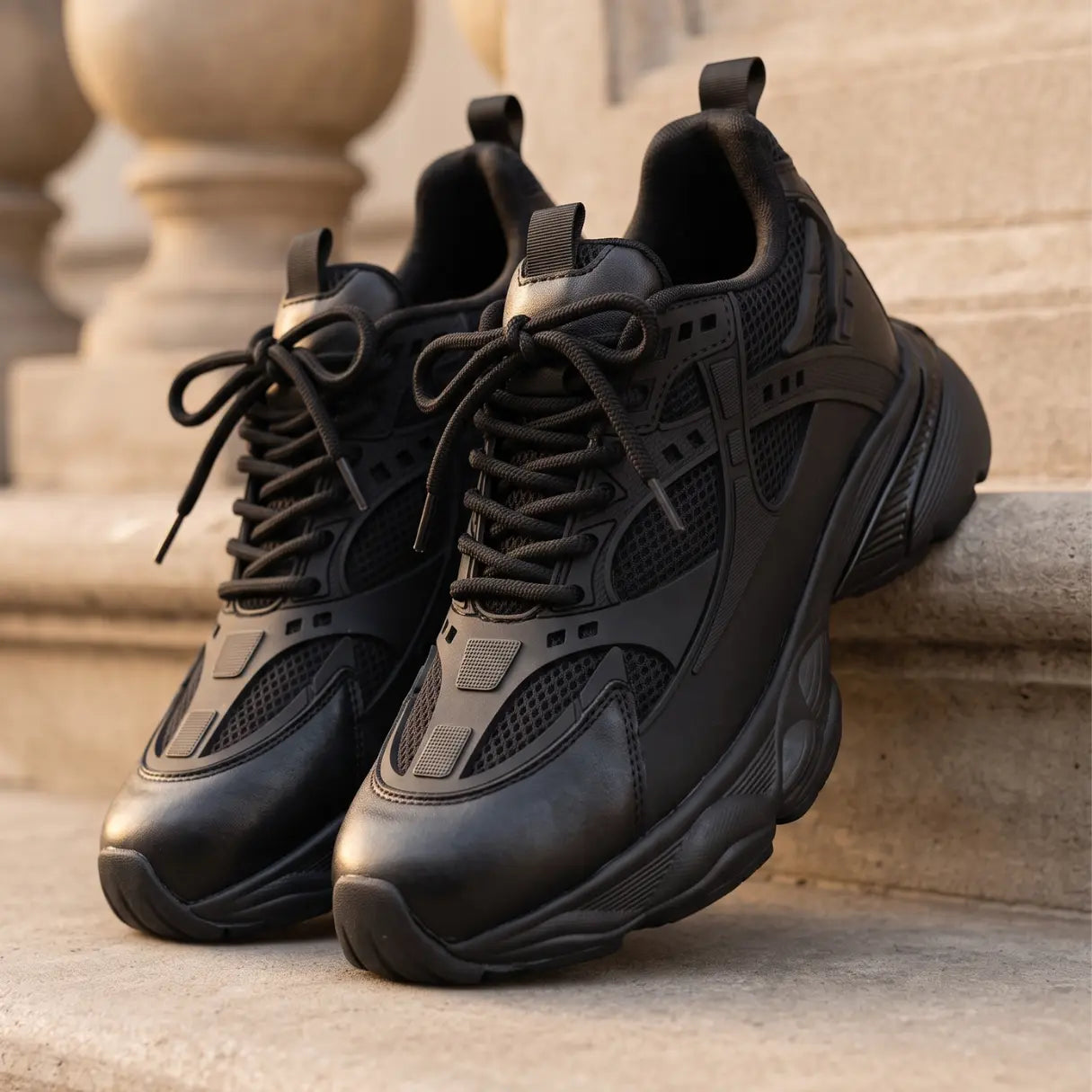 Men's Height Increasing Running Black Sneakers | Obsidian Elevator Mesh Shoes | Lucimora