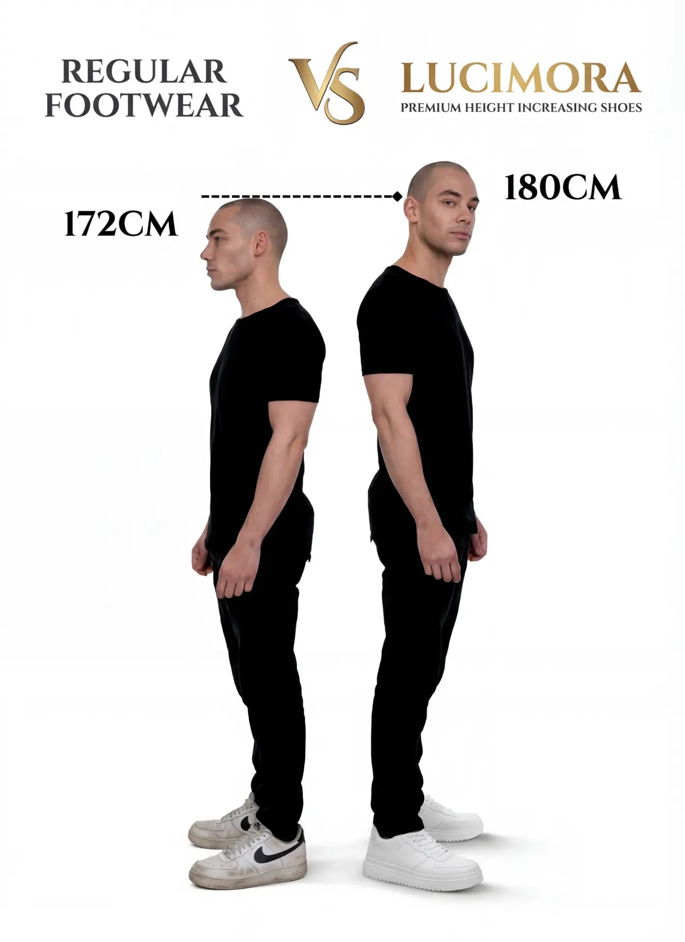 Regular shoes VS LUCIMORA height increasing shoes - height comparison - 8cm taller