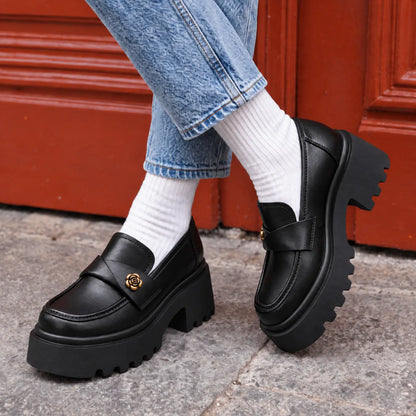 Roselle Women’s 10cm Elevator Loafers | Cowhide Leather Chunky Platform Height Increasing Shoes | Lucimora - black