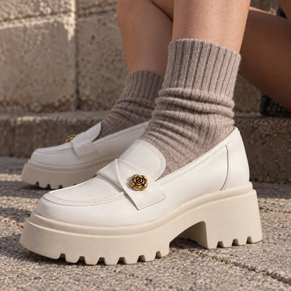 Roselle Women’s 10cm Elevator Loafers | Cowhide Leather Chunky Platform Height Increasing Shoes | Lucimora - white