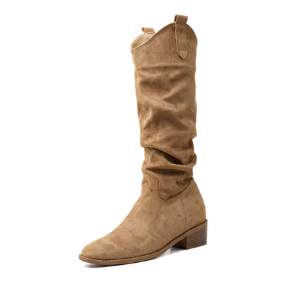 Sedona Women’s 8cm Elevator Boots | Cowhide Suede Western-Inspired Slouch Height Increasing Boots | Lucimora - beige
