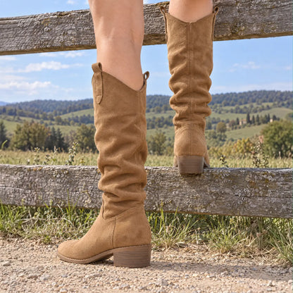 Sedona Women’s 8cm Elevator Boots | Cowhide Suede Western-Inspired Slouch Height Increasing Boots | Lucimora - beige