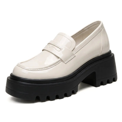 Valessia Women's 11cm Elevator Penny Loafers | Leather Block Heel Height Increasing Shoes | Lucimora - beige