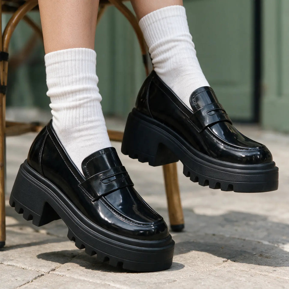 Valessia Women's 11cm Elevator Penny Loafers | Leather Block Heel Height Increasing Shoes | Lucimora - black