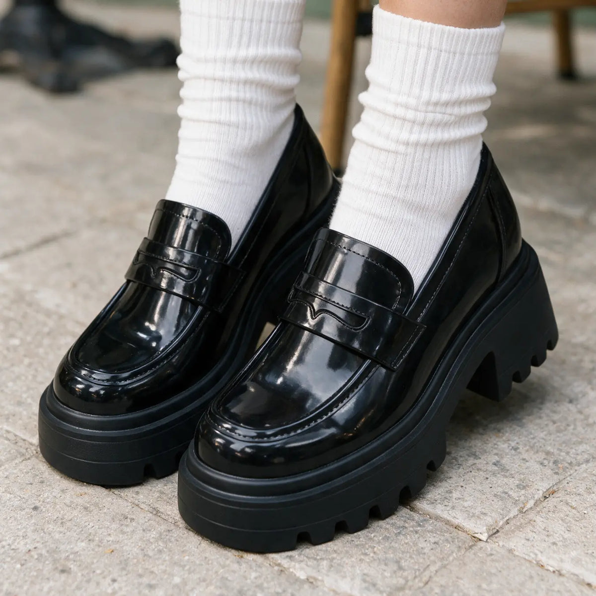 Valessia Women's 11cm Elevator Penny Loafers | Leather Block Heel Height Increasing Shoes | Lucimora - black