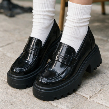 Valessia Women's 11cm Elevator Penny Loafers | Leather Block Heel Height Increasing Shoes | Lucimora - black