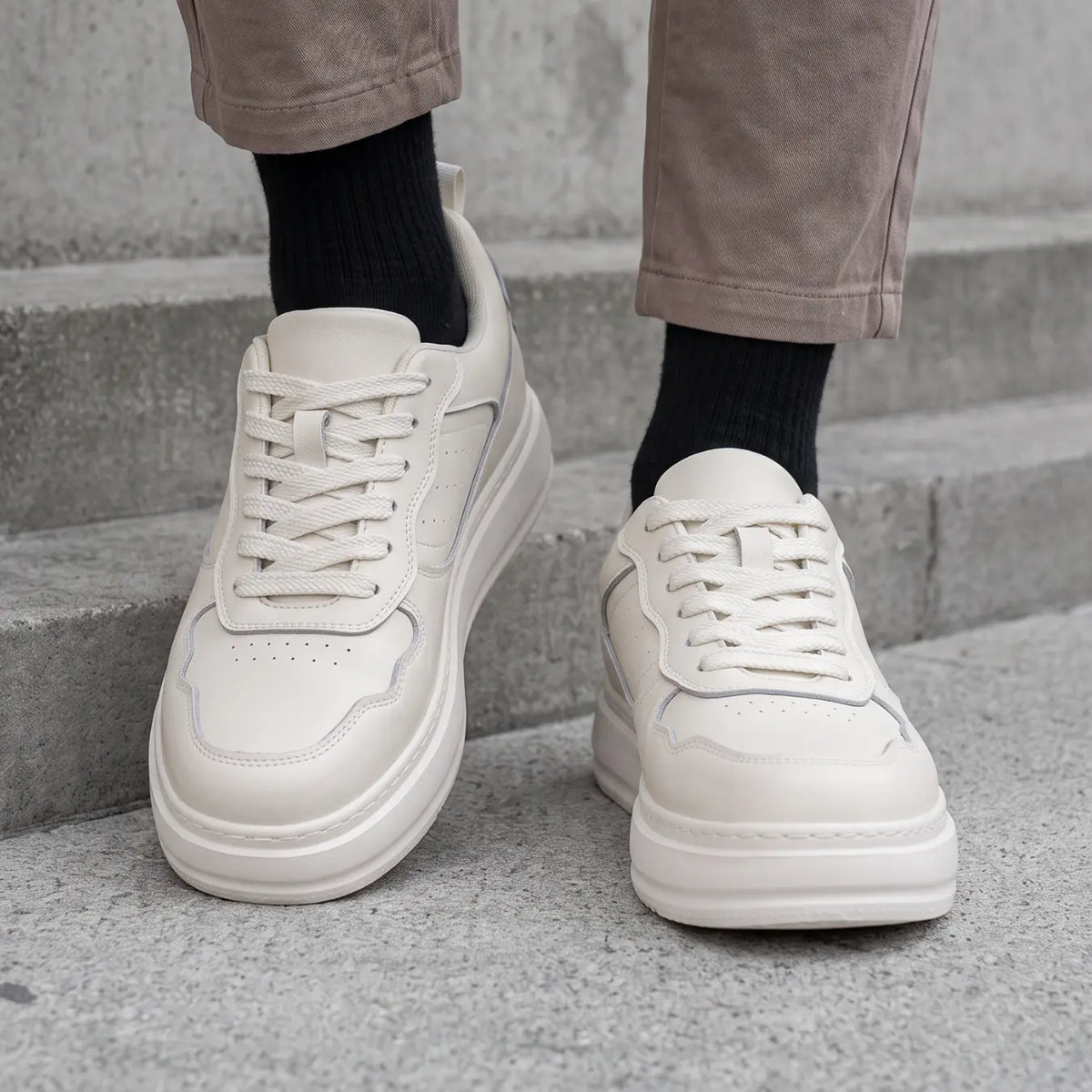 Valtier Men’s 8cm Elevator Sneakers | Chunky Platform Low-Top Cowhide Leather Height Increasing Shoes | Lucimora - off-white