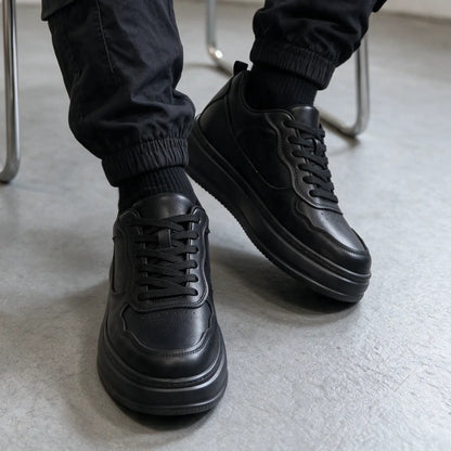 Valtier Men’s 8cm Elevator Sneakers | Chunky Platform Low-Top Cowhide Leather Height Increasing Shoes | Lucimora - black