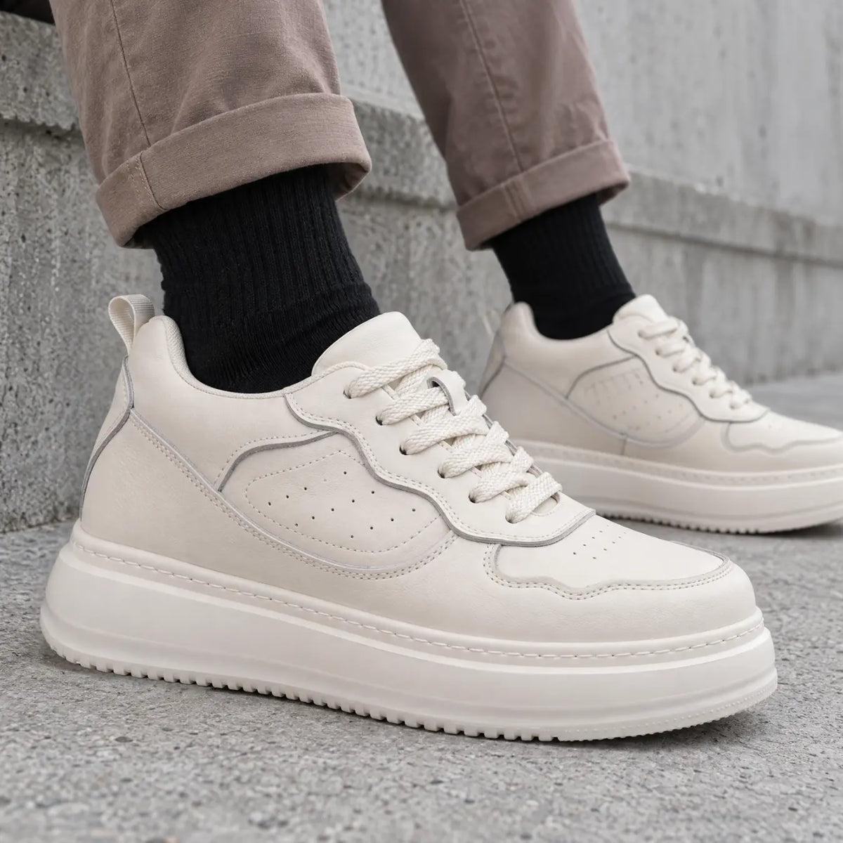 Valtier Men’s 8cm Elevator Sneakers | Chunky Platform Low-Top Cowhide Leather Height Increasing Shoes | Lucimora - off-white