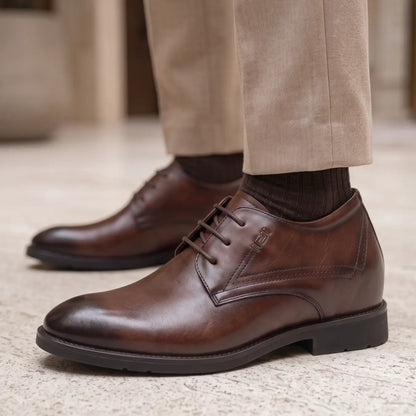 Vanguard 8cm height increasing cowhide leather formal dress shoe for men - brown, LUCIMORA