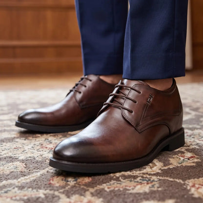 Vanguard 8cm height increasing cowhide leather formal dress shoe for men - brown, LUCIMORA