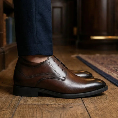 Vanguard 8cm height increasing cowhide leather formal dress shoe for men - brown, LUCIMORA