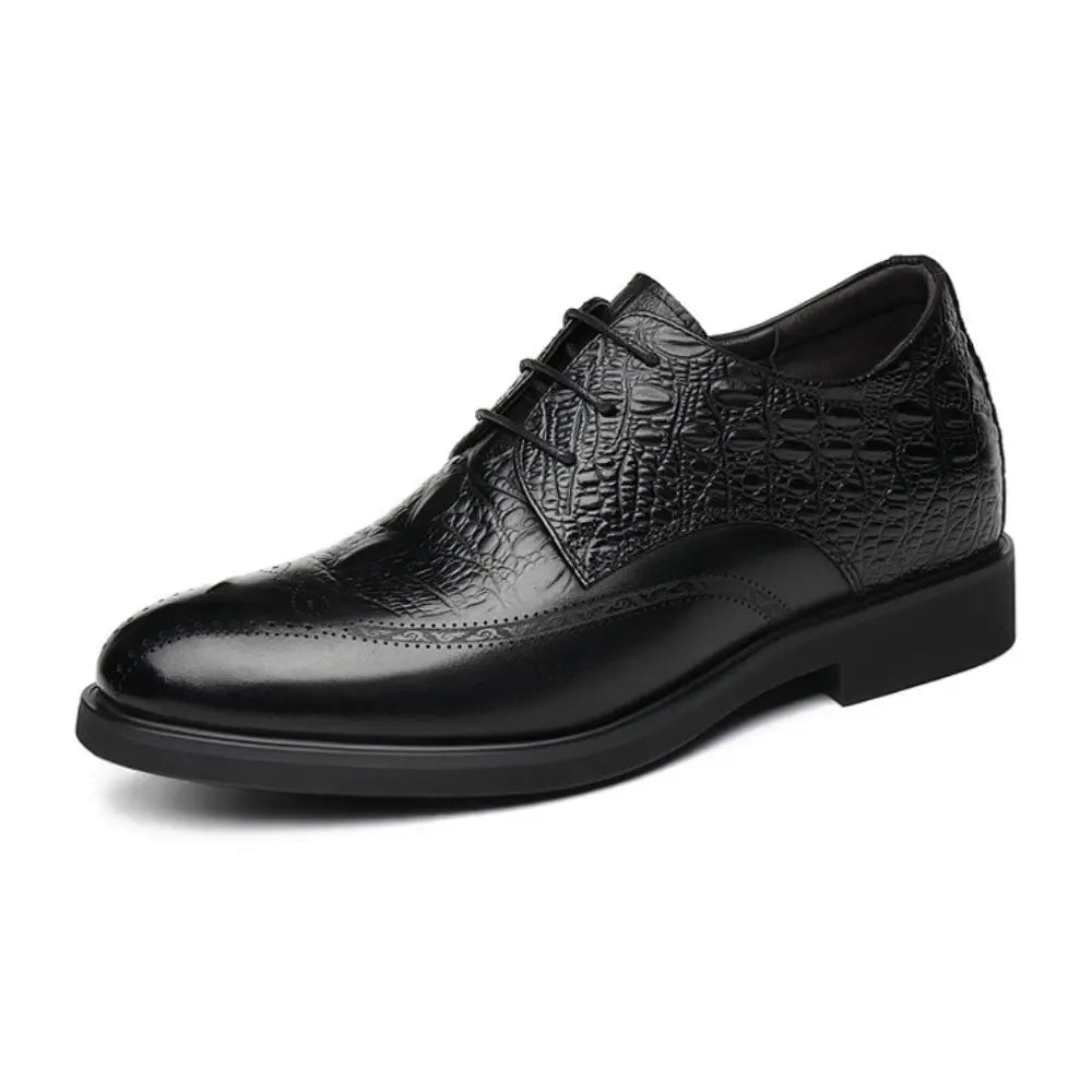Varlion 8cm (3" inches) height increasing formal leather shoes with crocodile texture - black