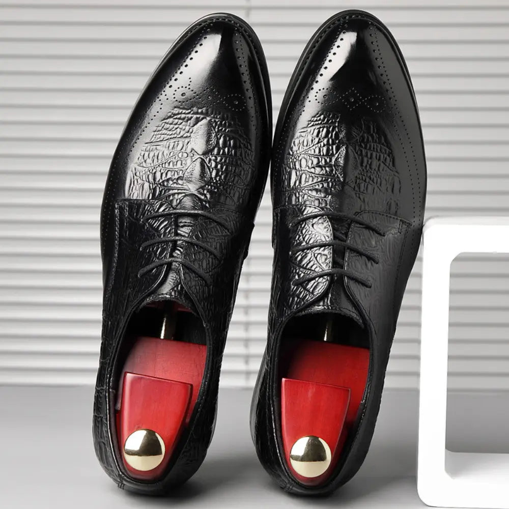 Varlion 8cm (3" inches) height increasing formal leather shoes with crocodile texture - black