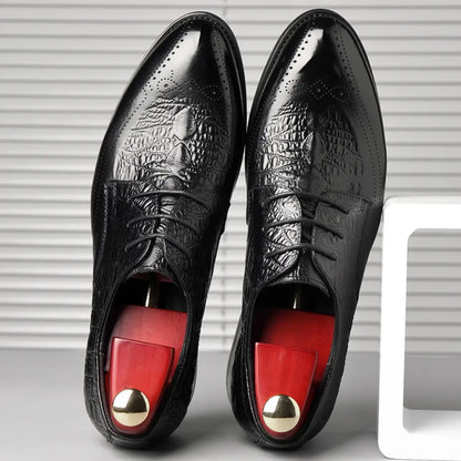 Varlion 8cm (3" inches) height increasing formal leather shoes with crocodile texture - black