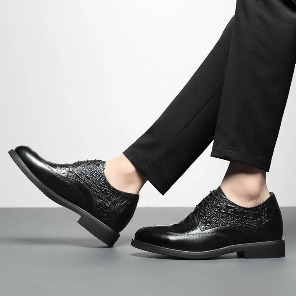 Varlion 8cm (3" inches) height increasing formal leather shoes with crocodile texture - black