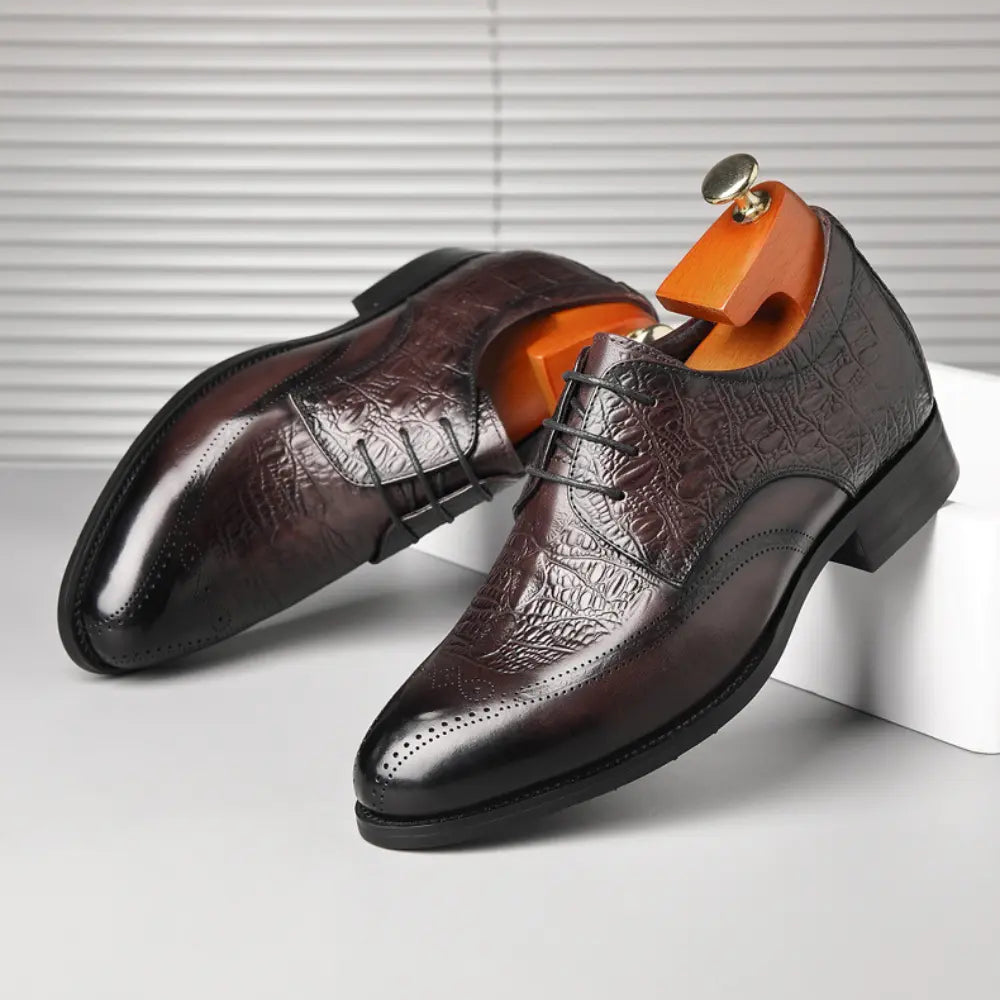 Varlion 8cm (3" inches) height increasing formal leather shoes with crocodile texture - brown