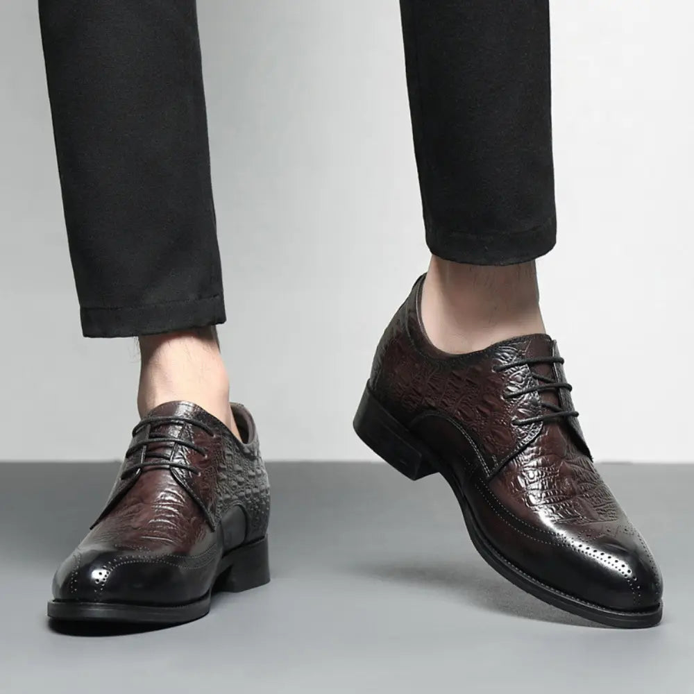 Varlion 8cm (3" inches) height increasing formal leather shoes with crocodile texture - brown