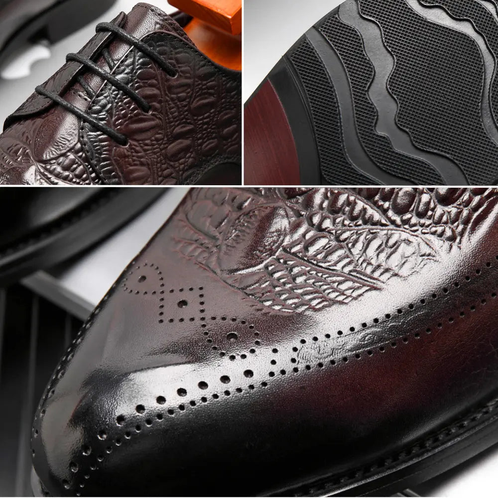 Varlion 8cm (3" inches) height increasing formal leather shoes with crocodile texture - brown