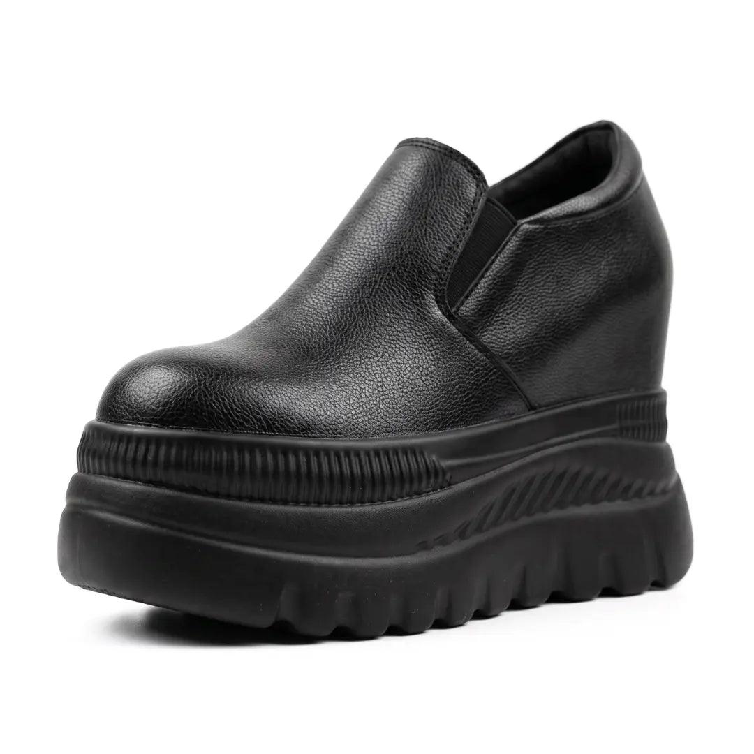 Verlaine Women’s 12cm Elevator Slip-On Platform Sneakers | Height Increasing Leather Shoes | Lucimora - black