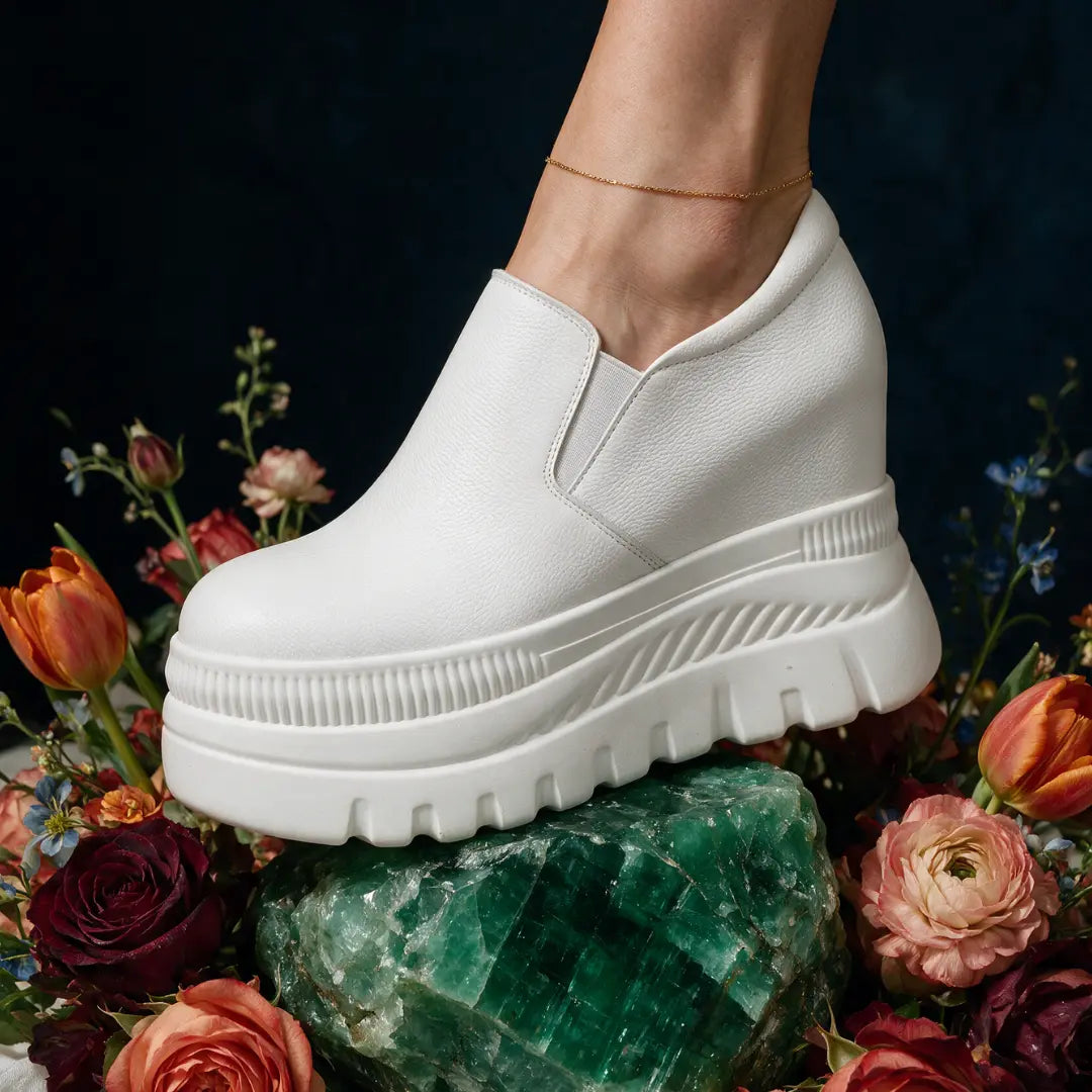 Verlaine Women’s 12cm Elevator Slip-On Platform Sneakers | Height Increasing Leather Shoes | Lucimora - white