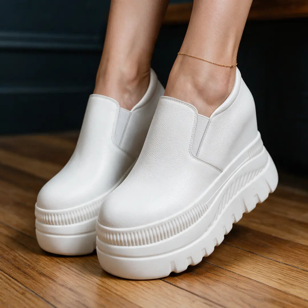 Verlaine Women’s 12cm Elevator Slip-On Platform Sneakers | Height Increasing Leather Shoes | Lucimora - white