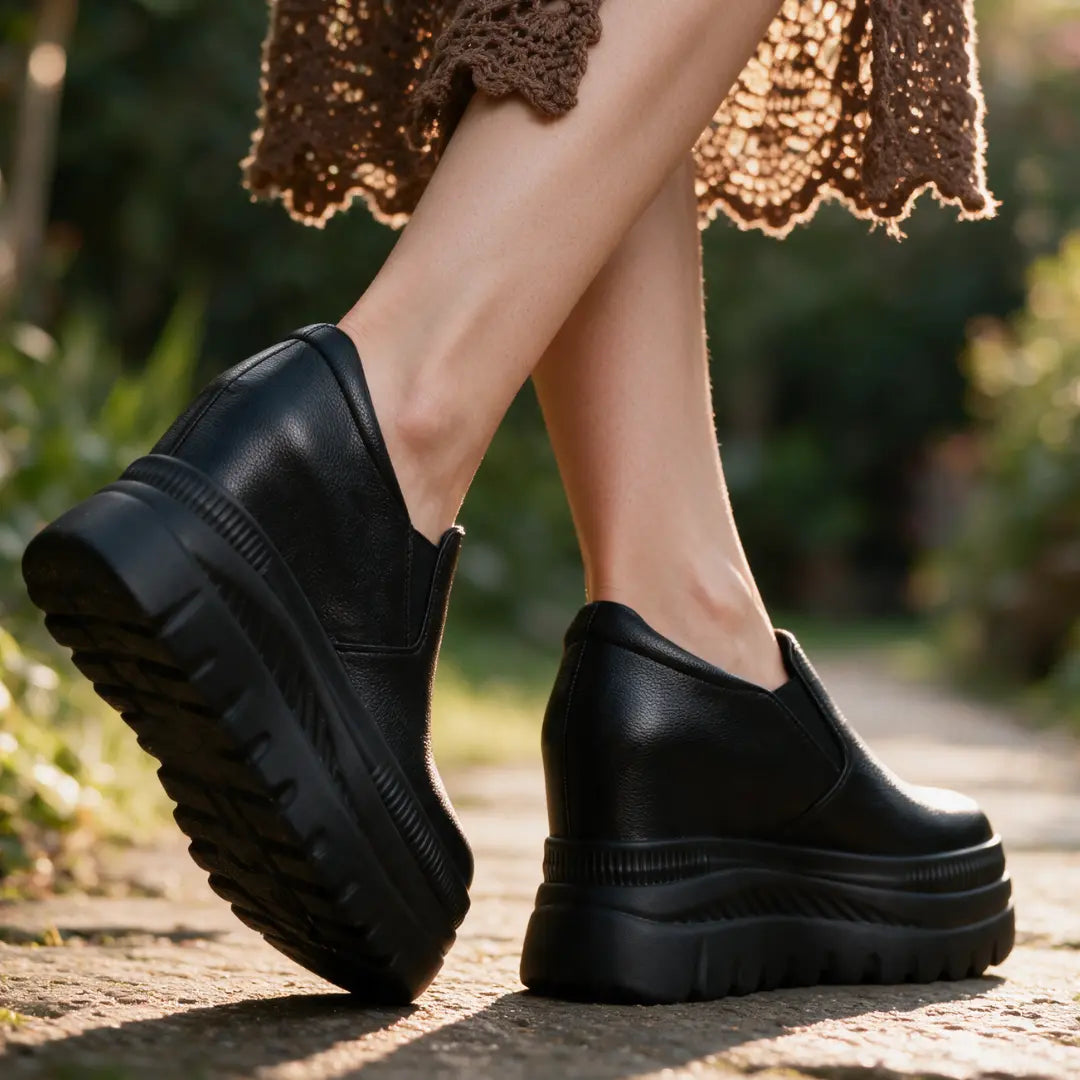 Verlaine Women’s 12cm Elevator Slip-On Platform Sneakers | Height Increasing Leather Shoes | Lucimora - black