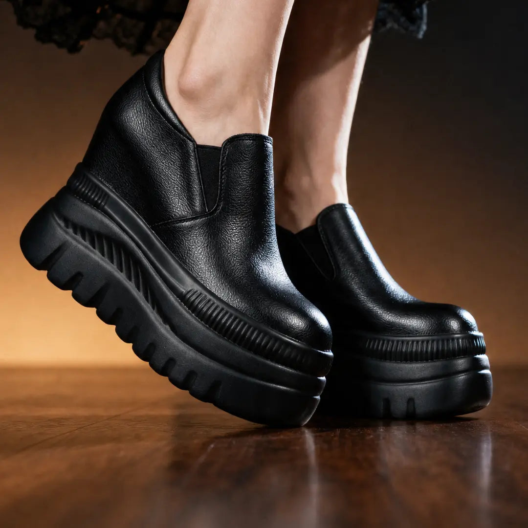 Verlaine Women’s 12cm Elevator Slip-On Platform Sneakers | Height Increasing Leather Shoes | Lucimora - black