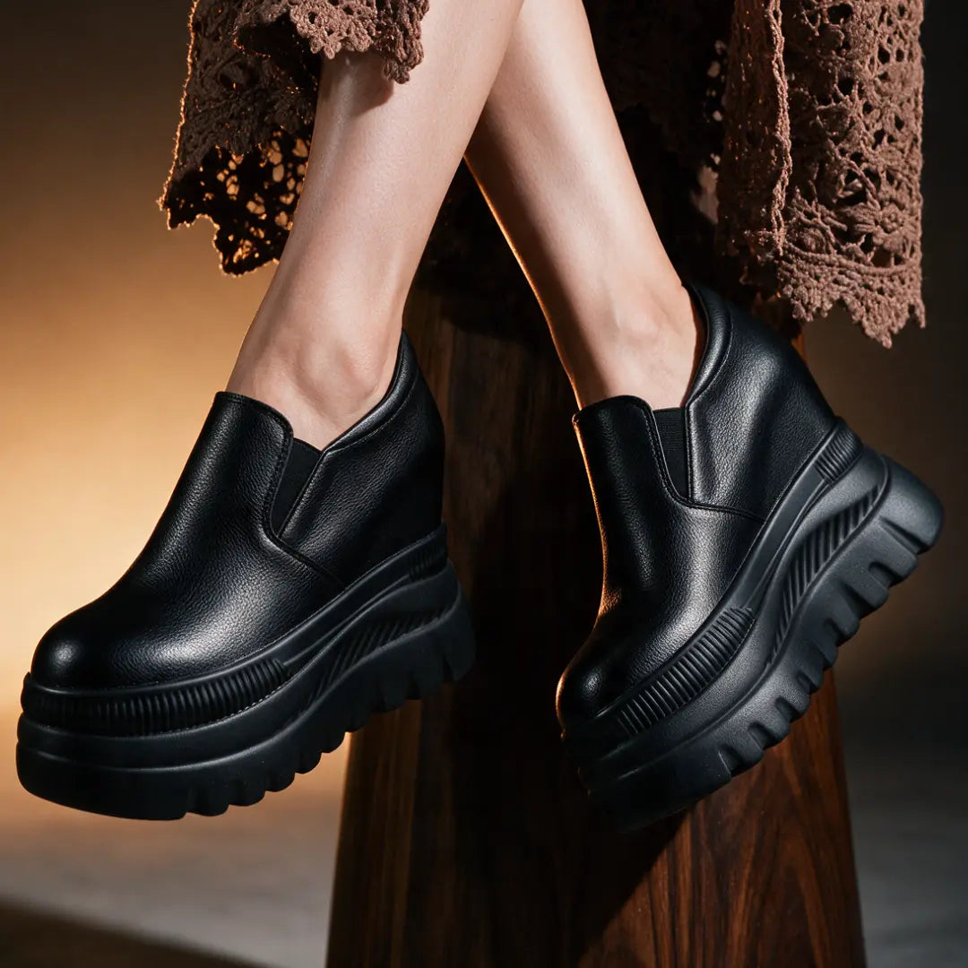 Verlaine Women’s 12cm Elevator Slip-On Platform Sneakers | Height Increasing Leather Shoes | Lucimora - black