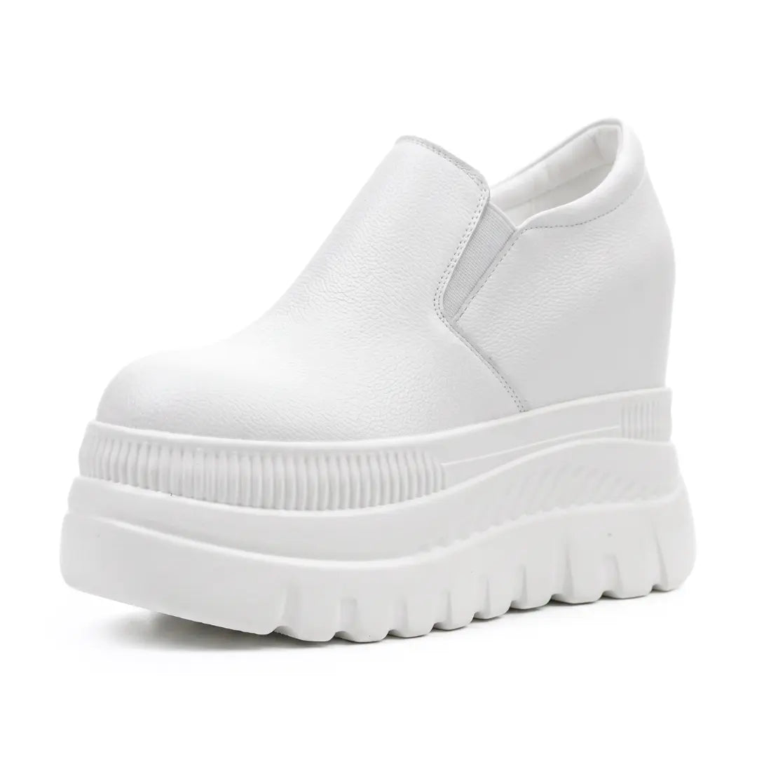 Verlaine Women’s 12cm Elevator Slip-On Platform Sneakers | Height Increasing Leather Shoes | Lucimora - white