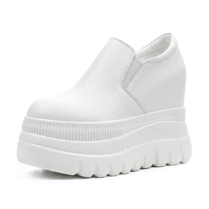 Verlaine Women’s 12cm Elevator Slip-On Platform Sneakers | Height Increasing Leather Shoes | Lucimora - white