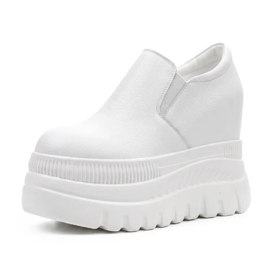 Verlaine Women’s 12cm Elevator Slip-On Platform Sneakers | Height Increasing Leather Shoes | Lucimora - white