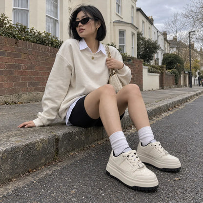 Zadie Women’s 7cm Elevator Sneakers | Chunky Platform Crackled PU Height Increasing Shoes | Lucimora - off-white
